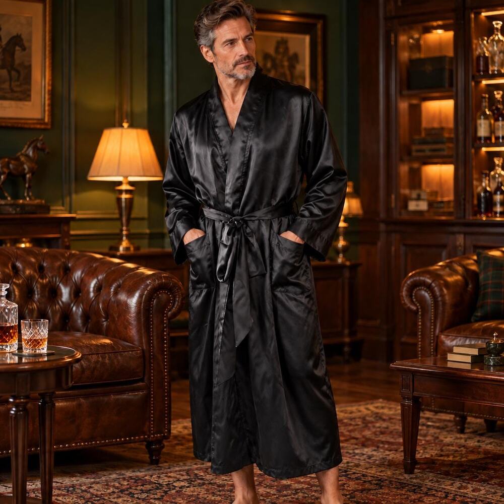 Vintage Christian Dior Monsieur 80s Black Satin Kimono Robe Unisex One Size